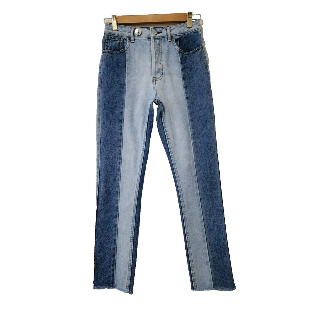 PacSun Women's Mom Jeans W25 L26 Two Tone Blue Denim Distressed Raw Hem